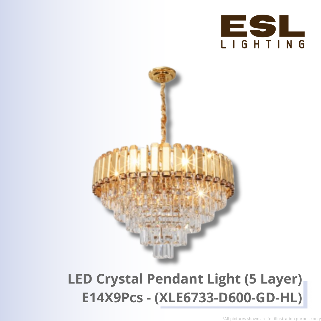 LED Crystal Pendant Light E14X9pc (5Layer) - XLE6733-D600-GD-HL