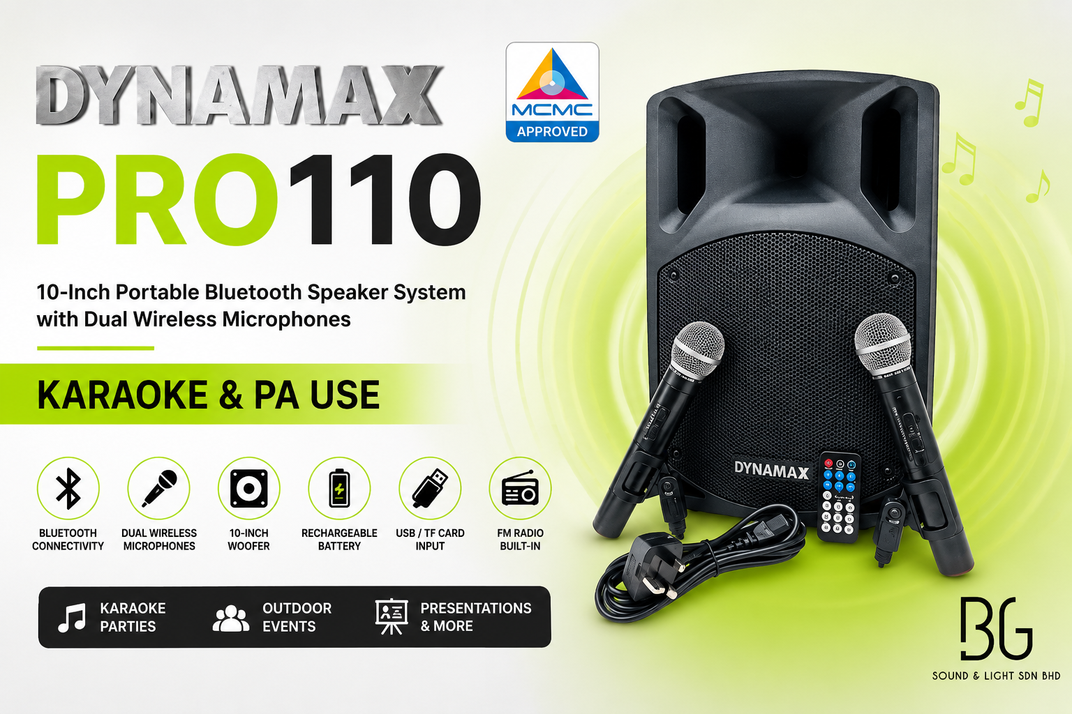 (Diluluskan MCMC) DYNAMAX PRO110 – Pembesar Suara Bluetooth Mudah Alih 10 Inci dengan 2 Mikrofon Tanpa Wayar | Karaoke & Sistem PA