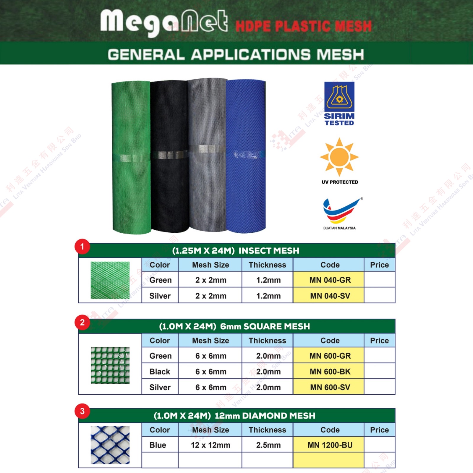 MEGA NET BRAND GENERAL APLICATION MESH - MN040GR MN040SV MN600GR MN600BK MN600SV MN1200BU