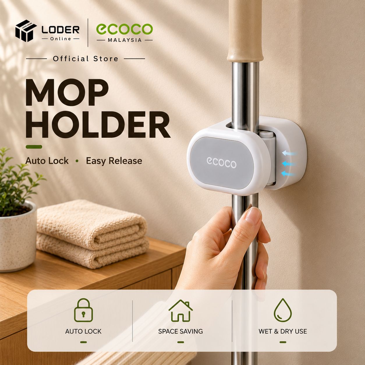 LODER ECOCO Wall Mount Mop Broom Holder Wall Mounted Household Adhesive Storage Broom Hanger Mop Hook Bathroom Organizer
