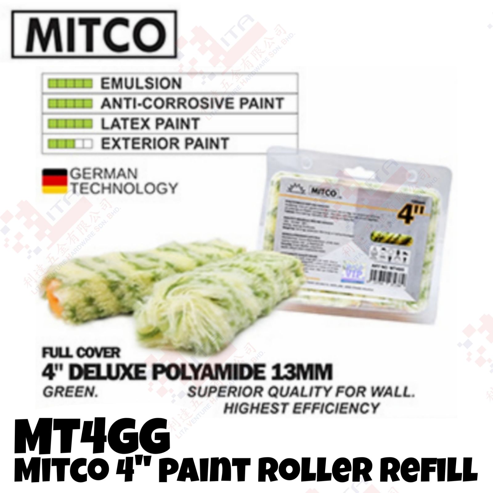 MITCO BRAND 4'' PAINT ROLLER REFILL - MT4GG