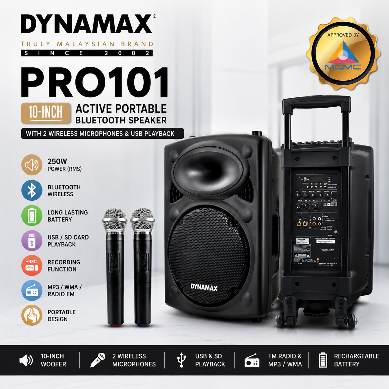 （MCMC认证）Dynamax PRO101 – 10英寸主动式便携蓝牙音响，配备2支无线麦克风与USB播放功能