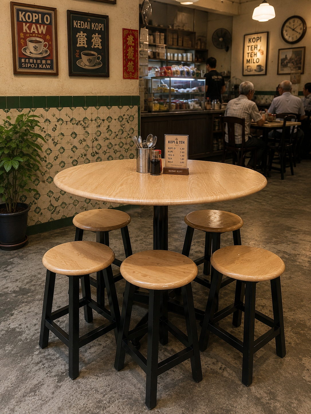 90cm Round Table with Rocket Leg + Wooden Stool Set (Oak Colour)