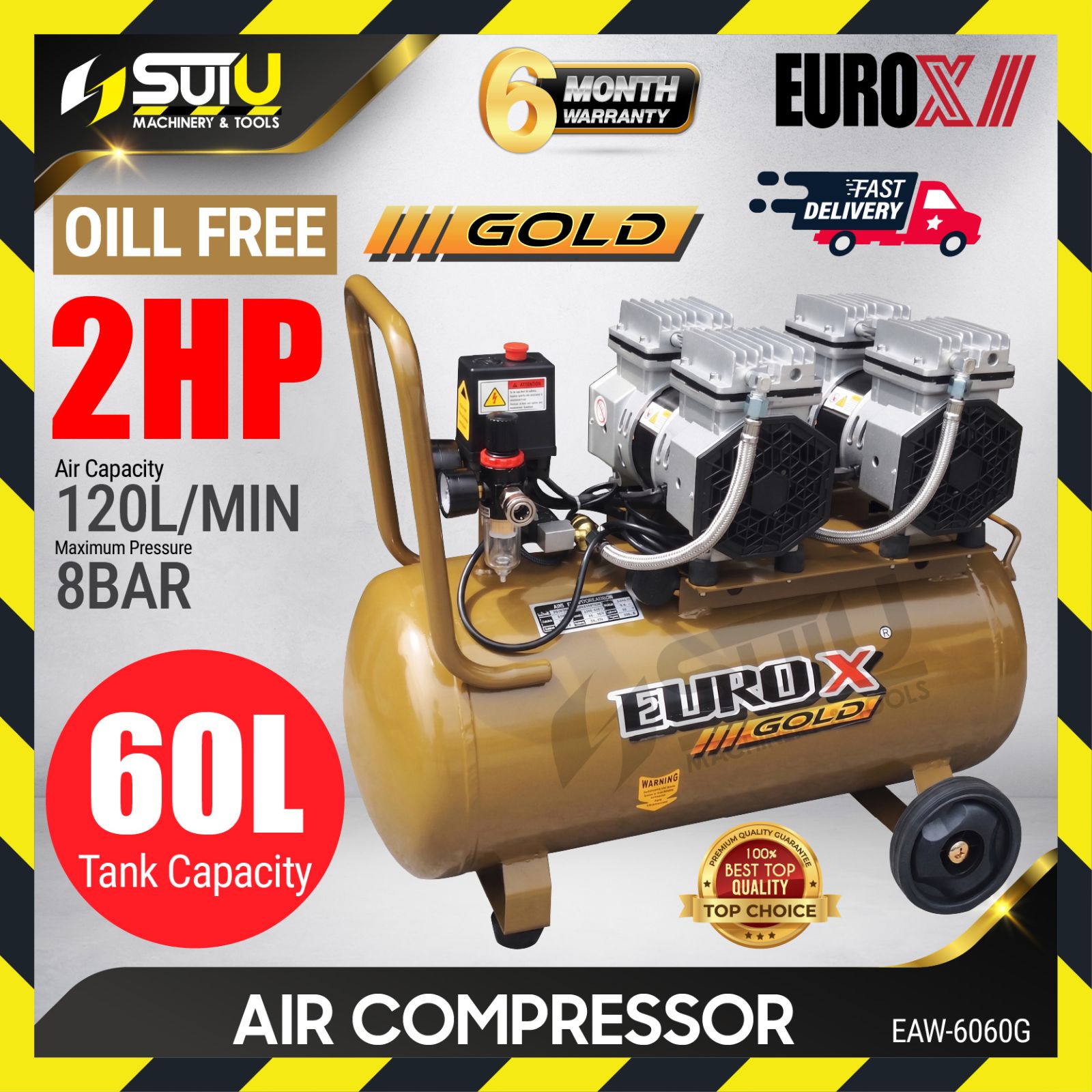 [COMPRESSOR ONLY] EUROX GOLD EAW6060G / EAW-6060G / EAW6060 2HP 8Bar 60L Silent Oil Free / Oilless Air Compressor / Kompressor