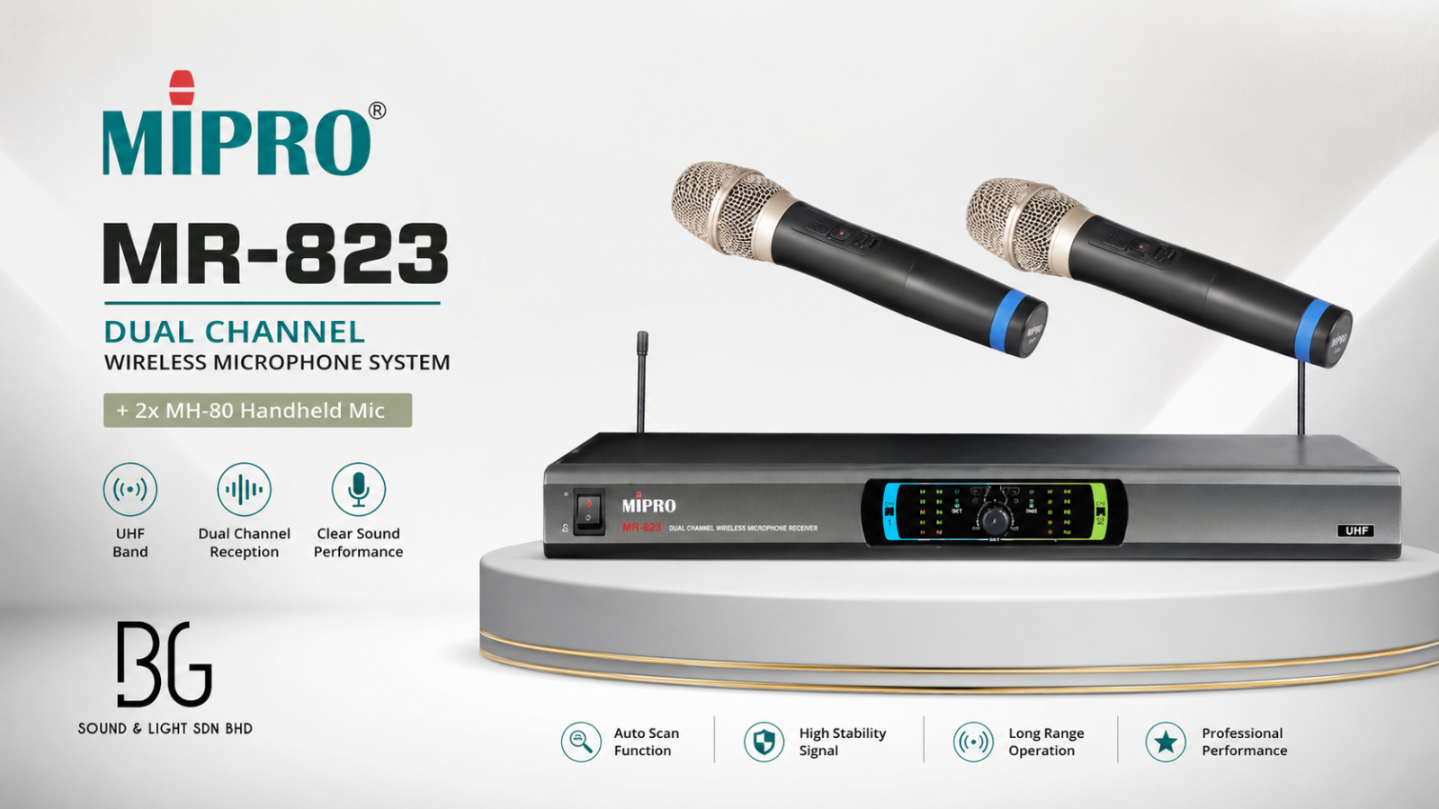 MIPRO MR-823 Sistem Mikrofon Tanpa Wayar Dual Channel + 2x MH-80 Handheld Mic (Stok Terhad Malaysia)