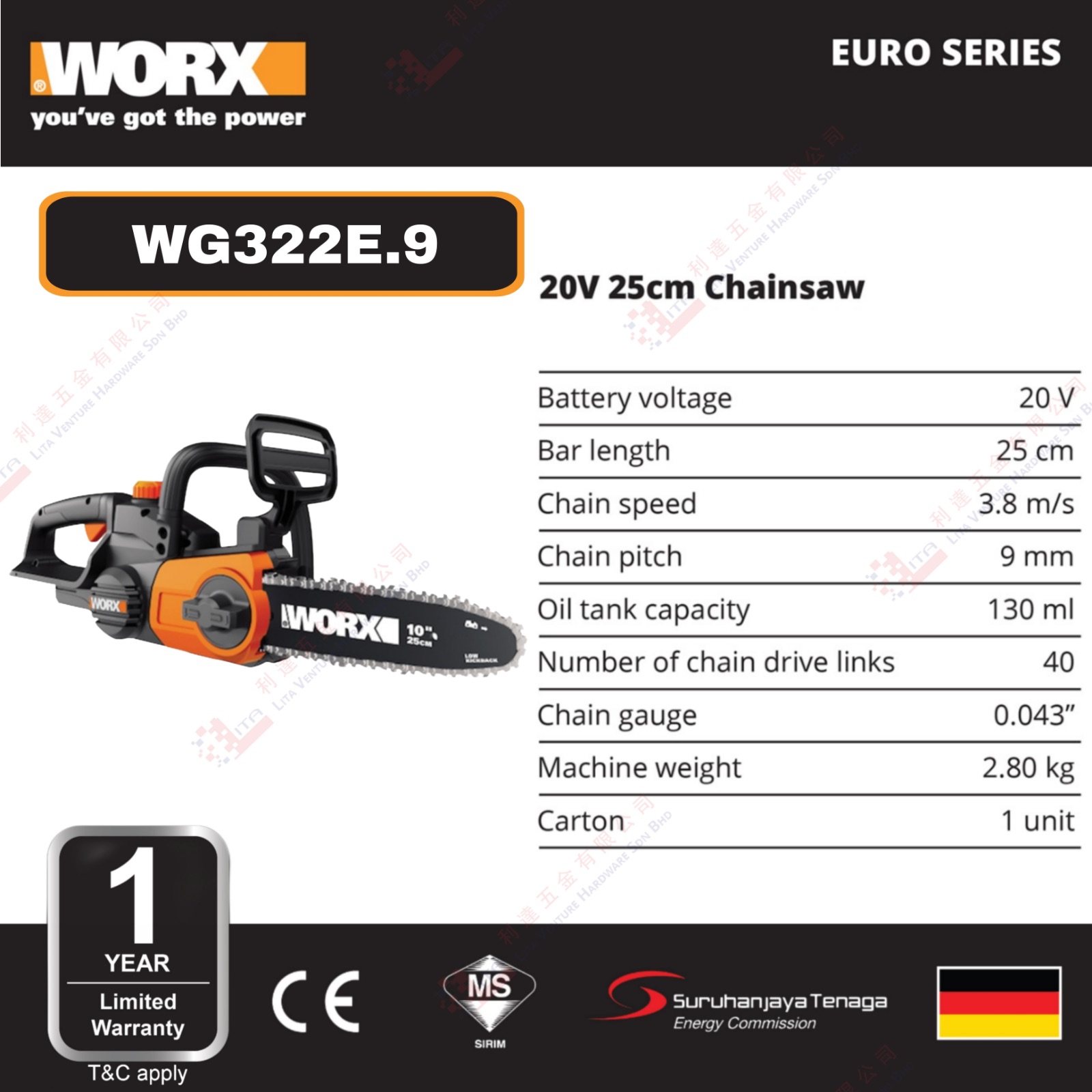 WORX BRAND CHAINSAW - WG322E.9