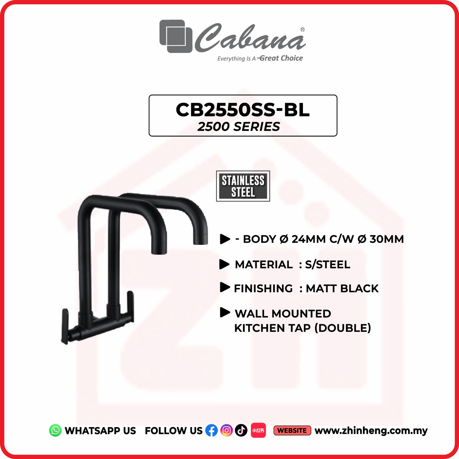 CABANA Wall Mounted Kitchen Tap (Double) CB2550SS-BL