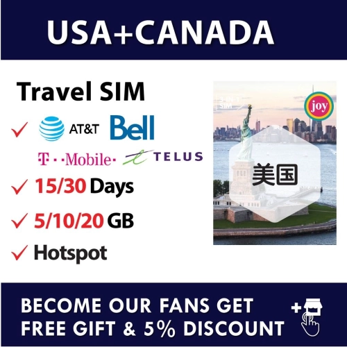 Jtravel 【USA + Canada】【15/30 days 5/10/20 GB】Travel Prepaid Sim Card 美国加拿大上网卡