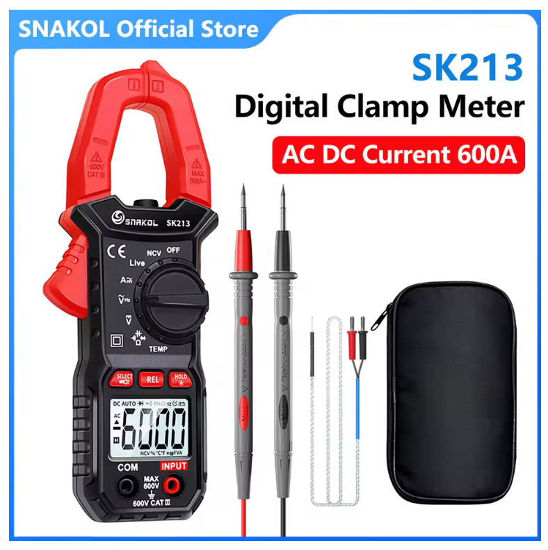 SNAKOL SK213 Digital Clamp Meter 600A AC DC Current Professional Ammeter Pliers Auto 6000 Count Multimeter Voltage Hz Ohm NCV Tester