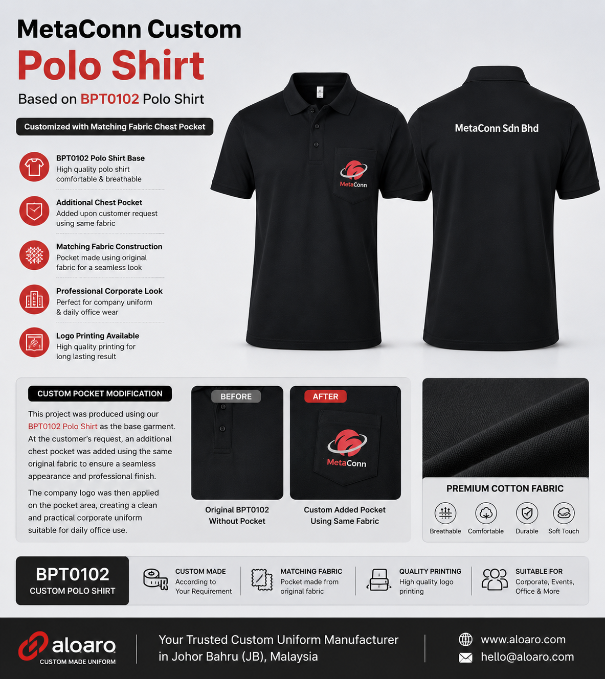 MetaConn Custom Polo Shirt – BPT0102 Custom Pocket Modification
