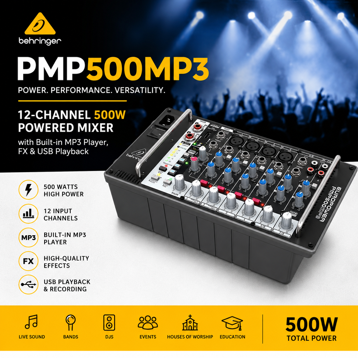 Behringer PMP500MP3 – 12通道500W有源调音台，内置MP3播放器、效果器与USB播放功能