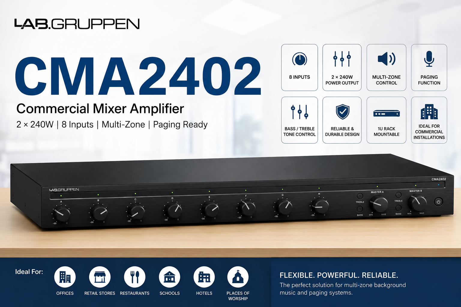 Lab Gruppen CMA2402 – 双通道 2 × 240瓦商用混音功放，配备8路输入，适用于多区域固定安装与广播系统