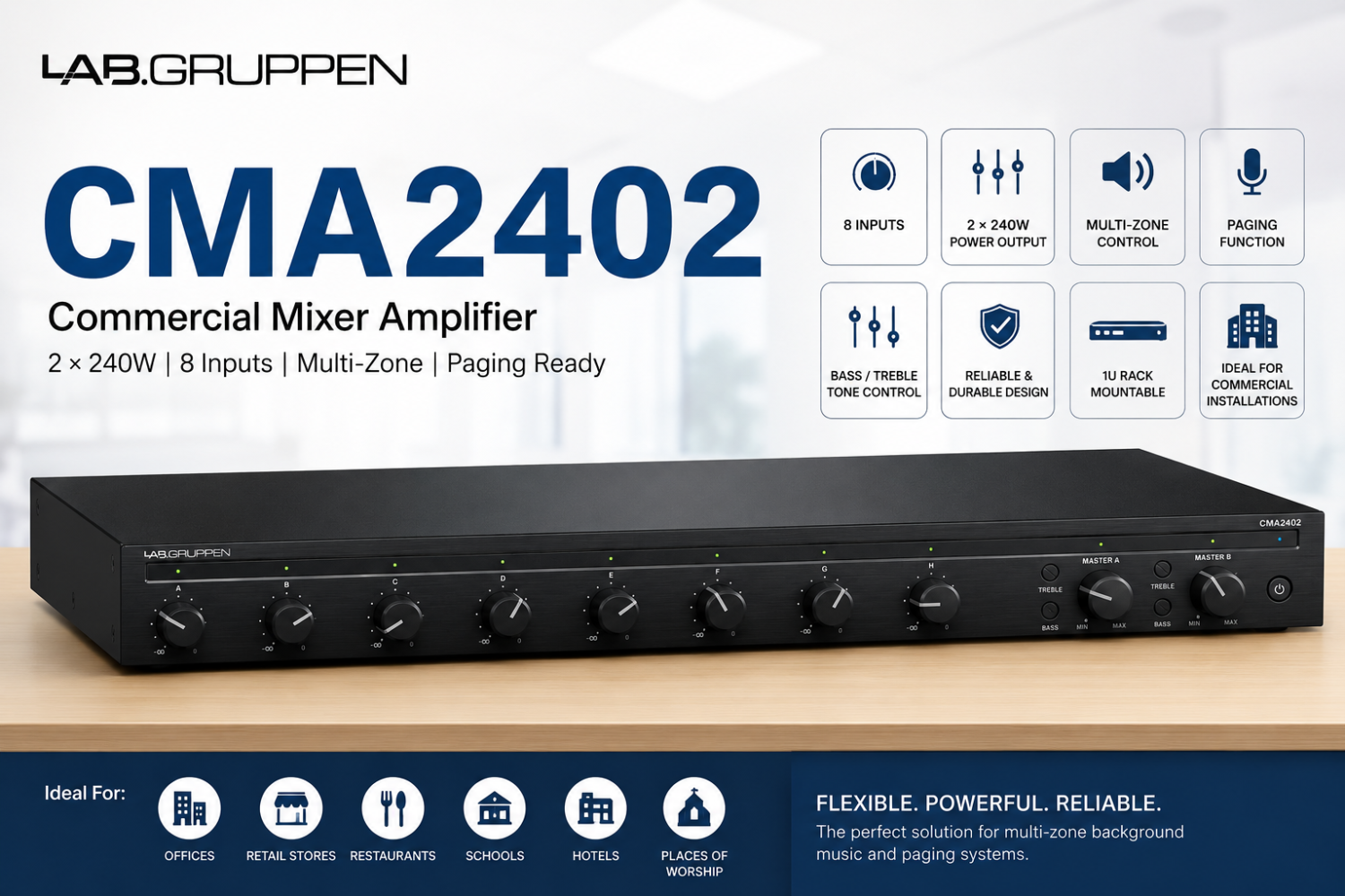 Lab Gruppen CMA2402 – 2 × 240W Commercial Mixer Amplifier with 8 Inputs for Multi-Zone Installed Sound & Paging Systems