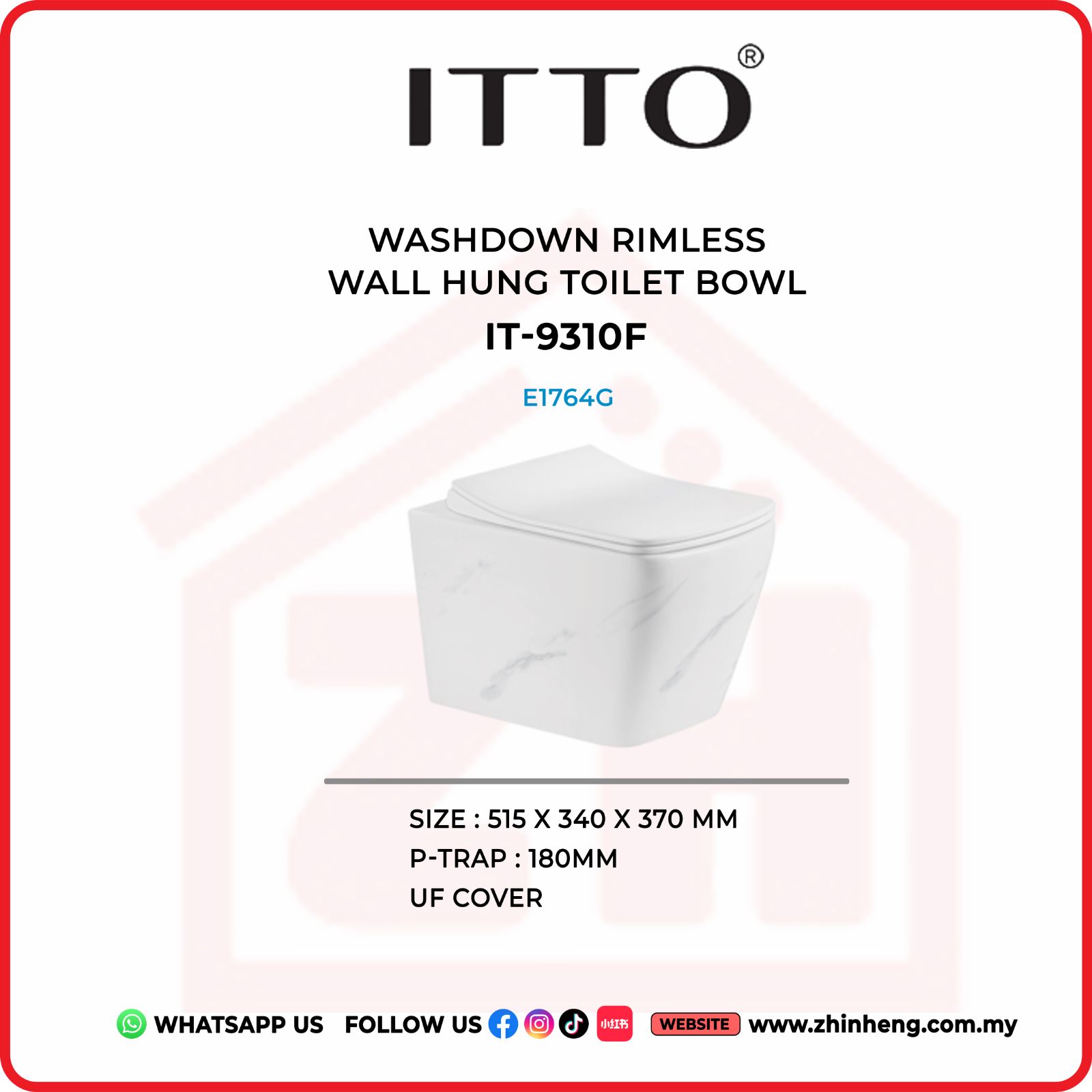 ITTO WASHDOWN RIMLESS WALL HUNG TOILET BOWL IT-9310F