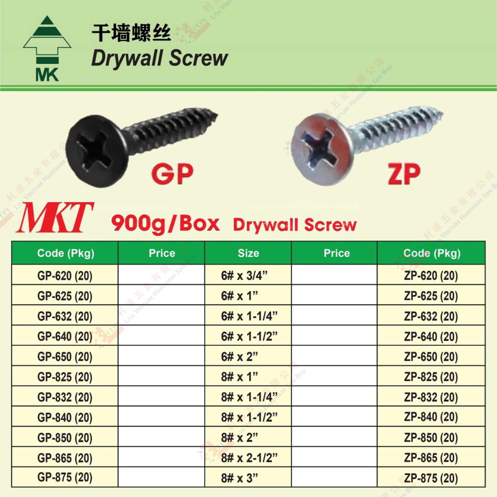 MK BRAND DRY WALL SCREW - GP ZP