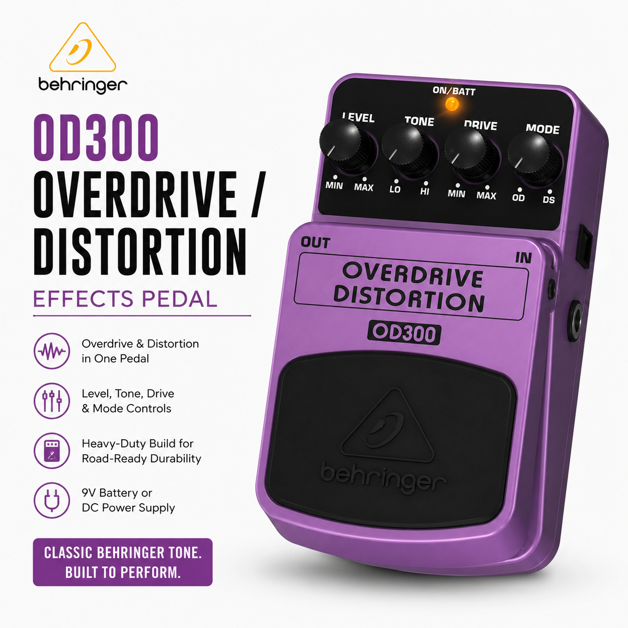Behringer OD300 Pedal Overdrive & Distortion Gitar Elektrik – Efek Gitar Dual Mode untuk Rock, Blues & Metal