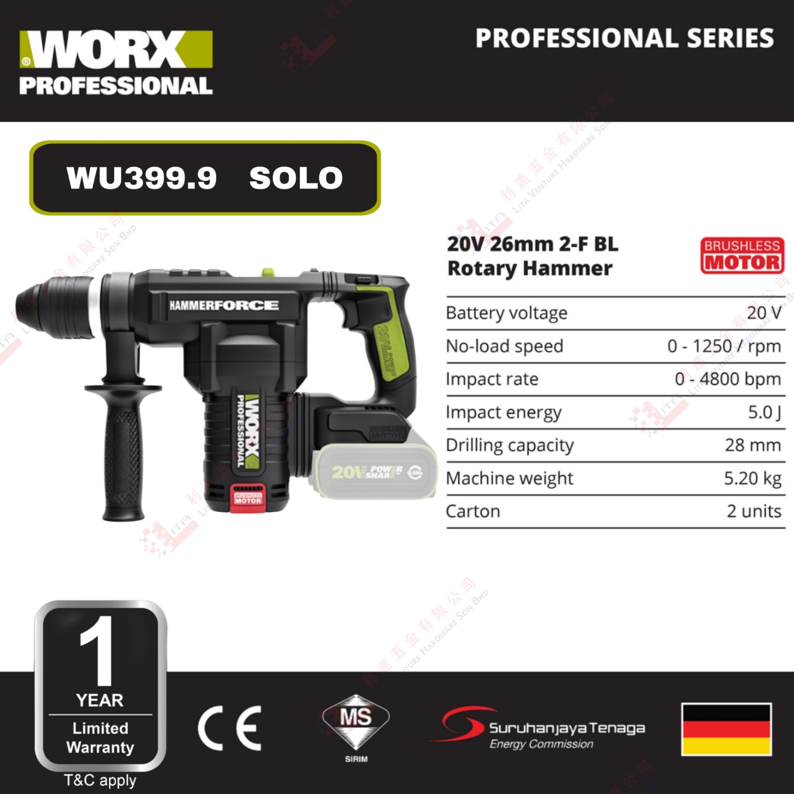 WORX BRAND 2F BL ROTARY HAMMER - WU399.9