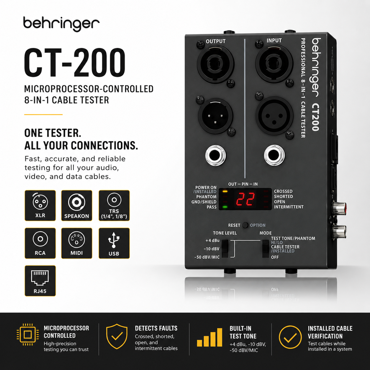 Behringer CT-200 – Penguji Kabel 8-dalam-1 dengan Mikroprosesor untuk XLR, Speakon, TRS (1/4", 1/8"), RCA, MIDI, USB & RJ45