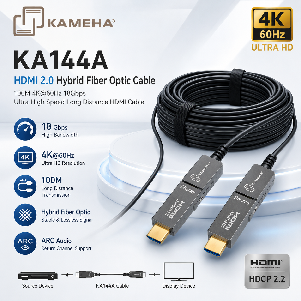 KAMEHA KA144A HDMI 2.0 混合光纤线 100米 4K@60Hz 18Gbps 超高速长距离高清传输线