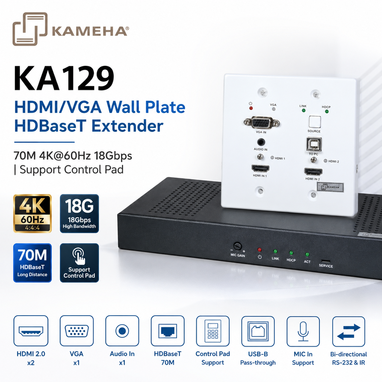 KAMEHA KA129 HDMI/VGA壁挂面板 HDBaseT延长器 70米 4K@60Hz 18Gbps｜支持控制面板