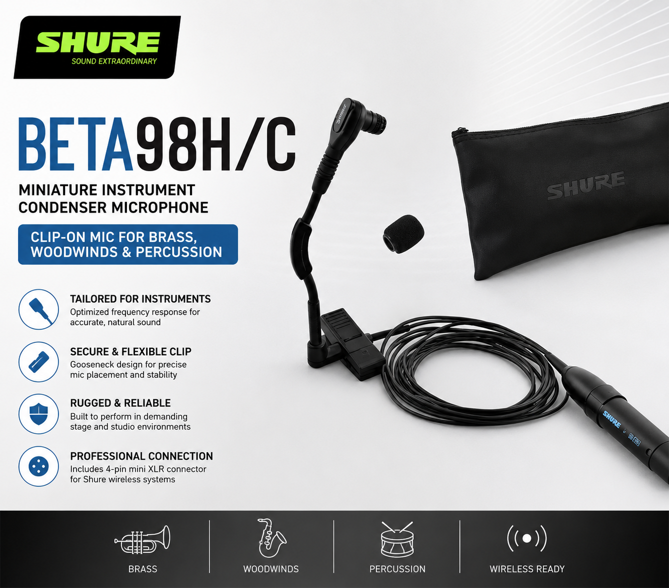 Shure BETA98H/C Miniature Instrument Condenser Microphone – Clip-On Mic for Brass, Woodwinds & Percussion