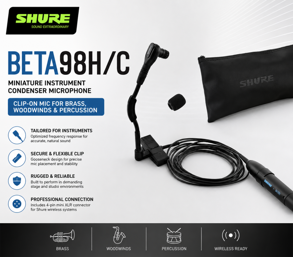 Shure BETA98H/C Miniature Instrument Condenser Microphone – Clip-On Mic for Brass, Woodwinds & Percussion