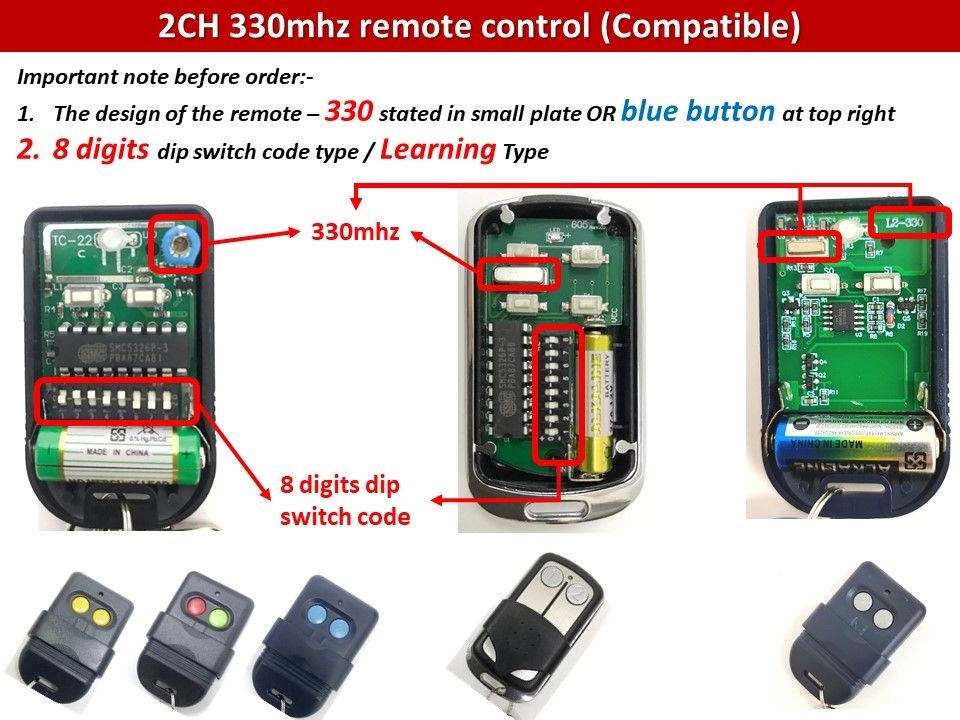 Wireless Remote Control 2CH 330Mhz / 433Mhz Learning Type (Battery included) - Made in Malaysia Premium Remote
