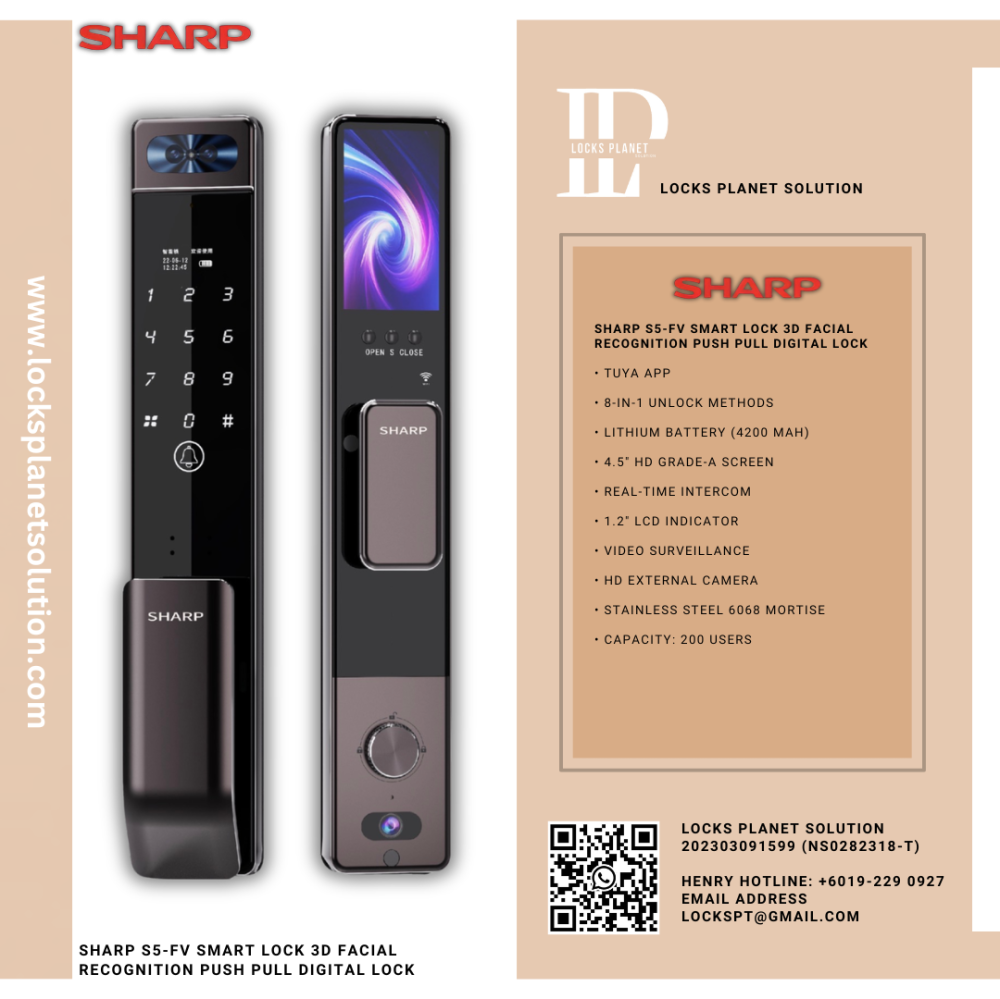 SHARP S5-FV SMART LOCK 3D FACIAL RECOGNITION PUSH PULL DIGITAL LOCK