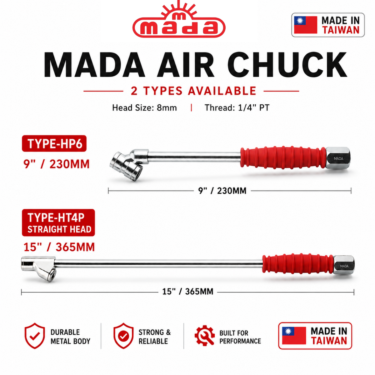 MADA Air Chuck Tyre Inflation Chuck, HP-6 & HT-4P | MT-TAC-MD-L / MT-TAC-MD-T