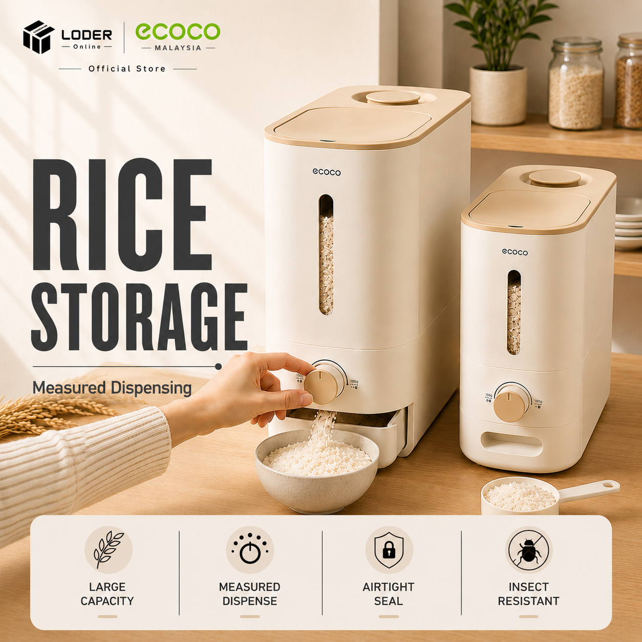 LODER ECOCO Rice Storage Container Airtight Rice Dispenser Rice Bucket Grain Food Storage Container