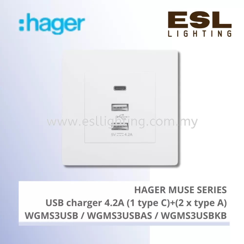HAGER Muse Series - USB charger 4.2A (1 type C) + (2 x type A) - WGMS3USB / WGMS3USBAS / WGMS3USBKB