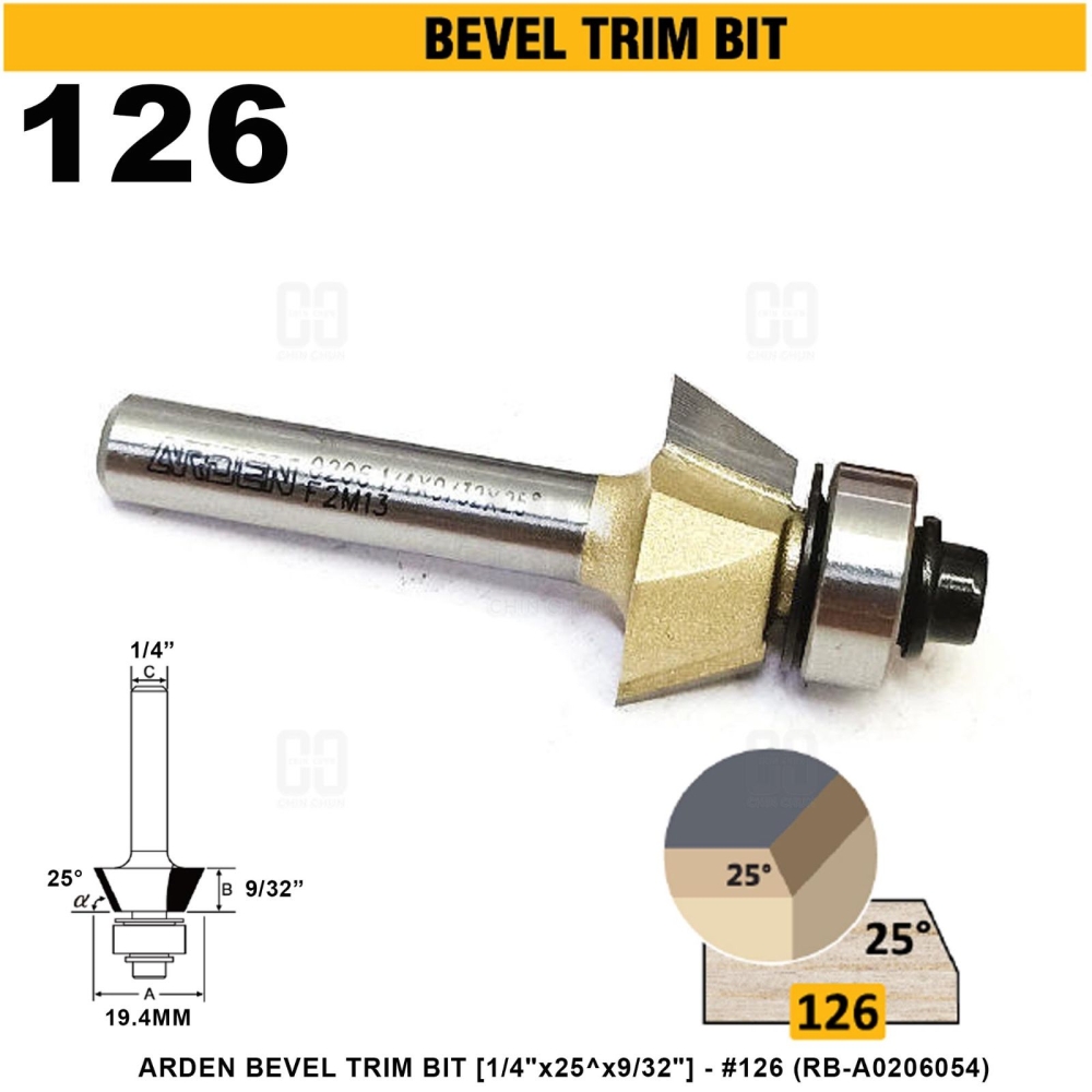 ARDEN BEVEL TRIM BIT 1/4"x25^x9/32" #126 (RB-A0206054)