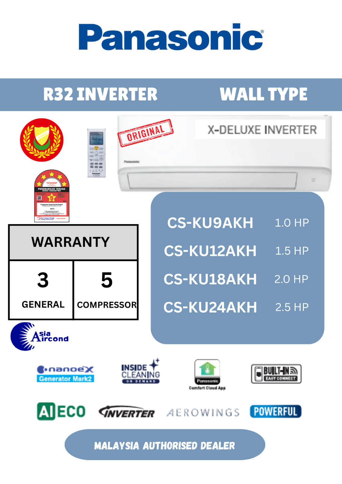 PANASONIC R32 INVERTER WALL TYPE AIRCOND X-DELUXE KU-AKH SERIES 1.0HP - 2.5HP CS-KU9AKH CS-KU12AKH CS-KU18AKH CS-KU24AKH 5-STAR NANOEX MARK2 INSIDE CLEANING BUILT-IN WIFI AI ECO AEROWINGS