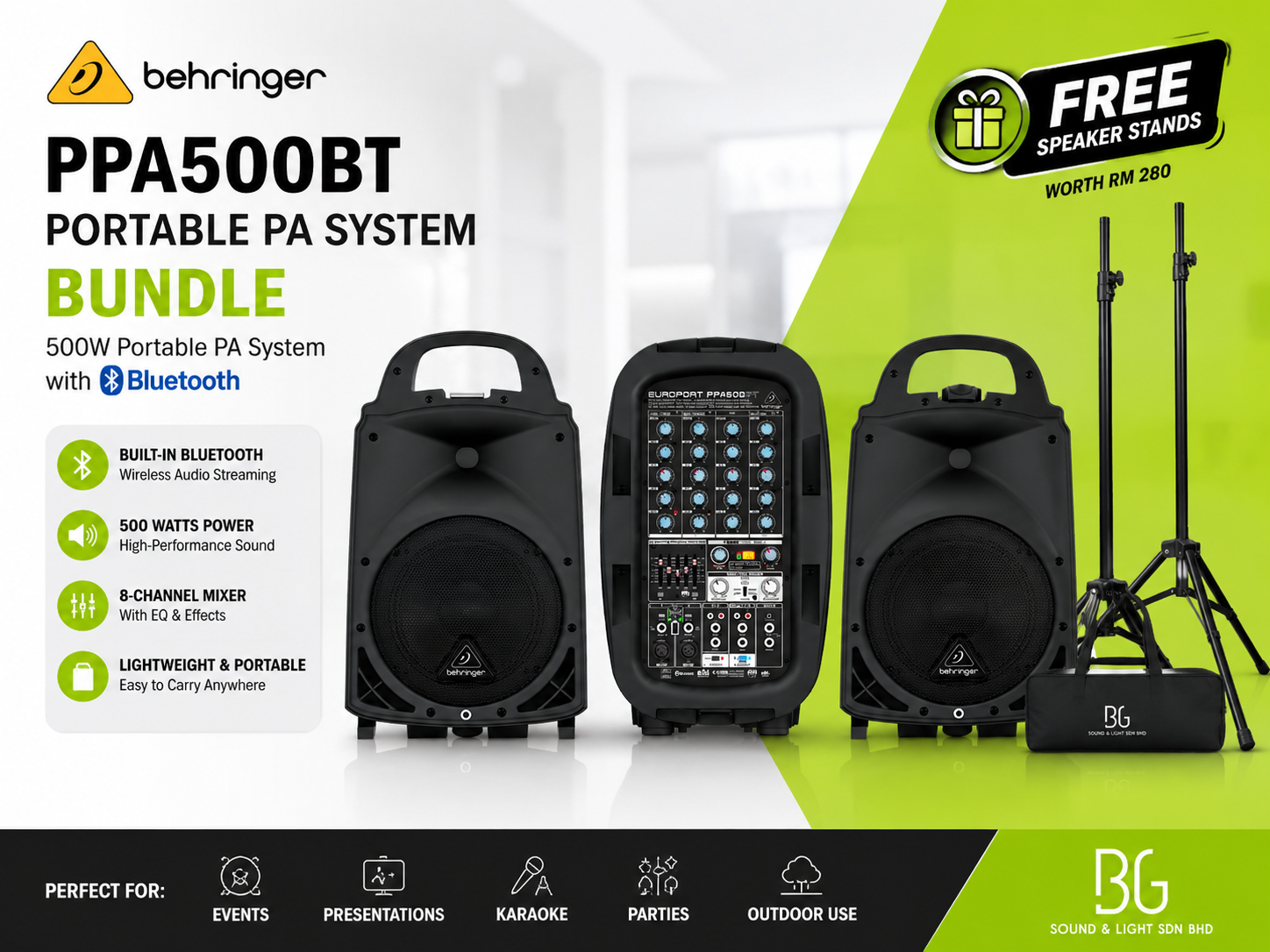 Behringer PPA500BT Bundle – Sistem PA Mudah Alih 500W dengan Bluetooth + Kaki Speaker PERCUMA
