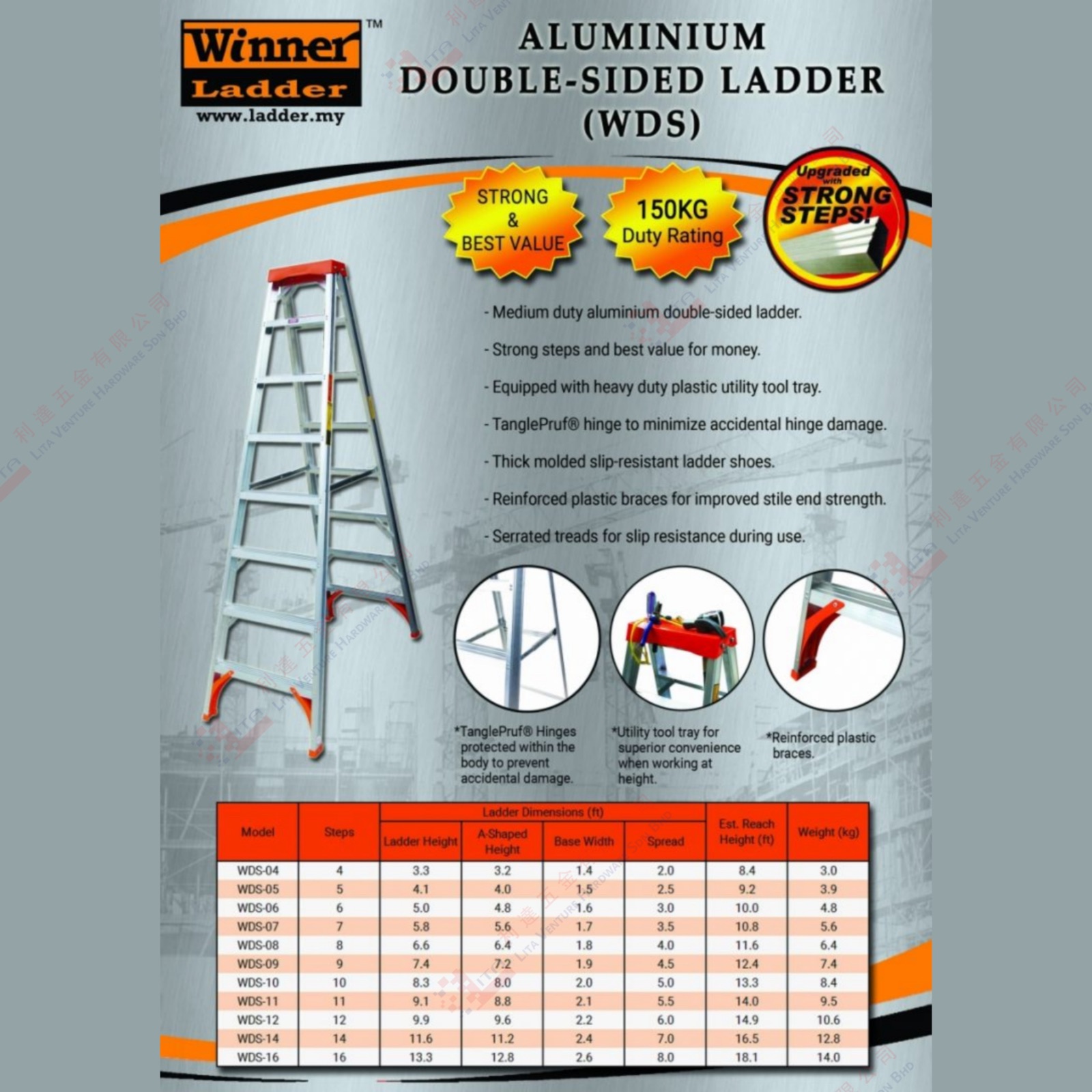 WINNER LADDER BRAND ALUMINIUM DOUBLE SIDED LADDER - WDS04 WDS05 WDS06 WDS07 WDS08 WDS09 WDS10 WDS11 WDS14 WDS16
