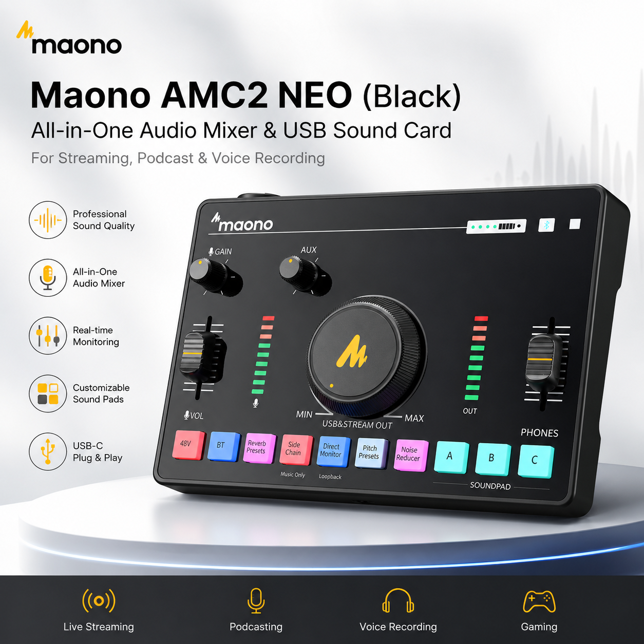 Maono AMC2 NEO (Hitam) – Pengadun Audio & Kad Bunyi USB Serba Lengkap untuk Penstriman, Podcast & Rakaman Suara