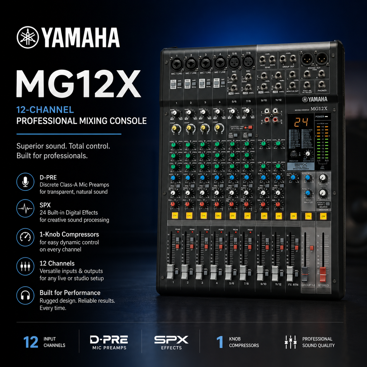 雅马哈 Yamaha MG12X – 12通道专业调音台，配备 D-PRE 前置放大器、SPX 效果器及一键压缩器