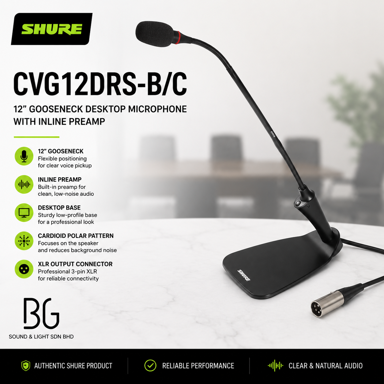 Shure CVG12DRS-B/C 12” Gooseneck Desktop Microphone with Inline Preamp