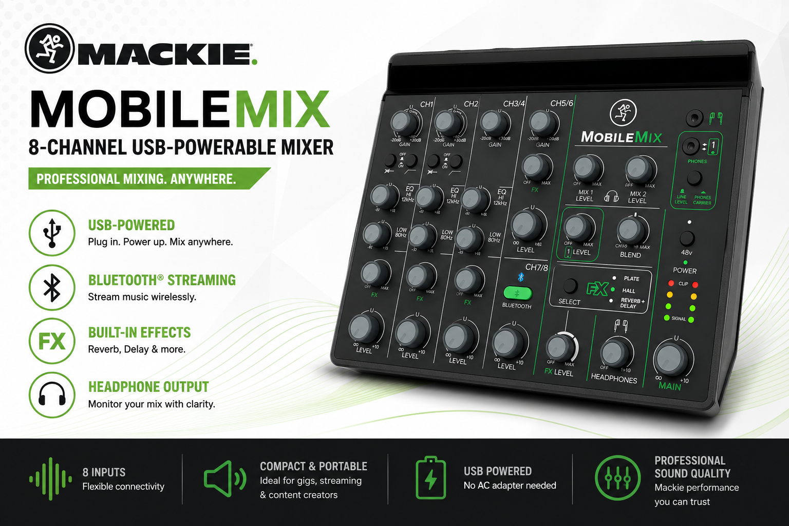 Mackie MobileMix Pengadun Mudah Alih 8 Saluran Berkuasa USB