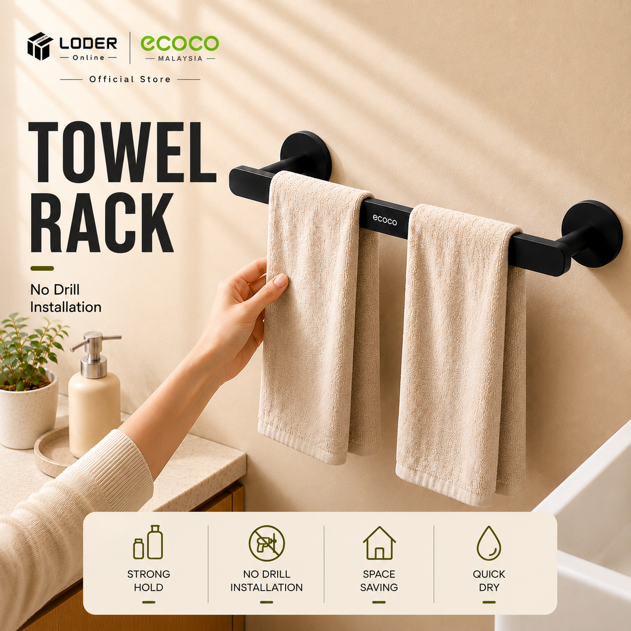 LODER ECOCO Aluminium Towel Bar Wall Mounted Towel Rack Bathroom Towel Holder No Drill Bathroom Organizer