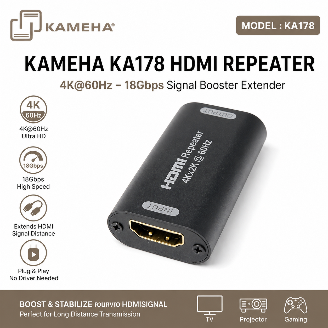 KAMEHA KA178 HDMI Repeater 4K@60Hz – Penguat Isyarat 18Gbps