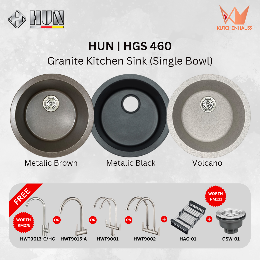 HUN - Round Kitchen Granite Sink Single Bowl Package (3 Colours) | HGS 460