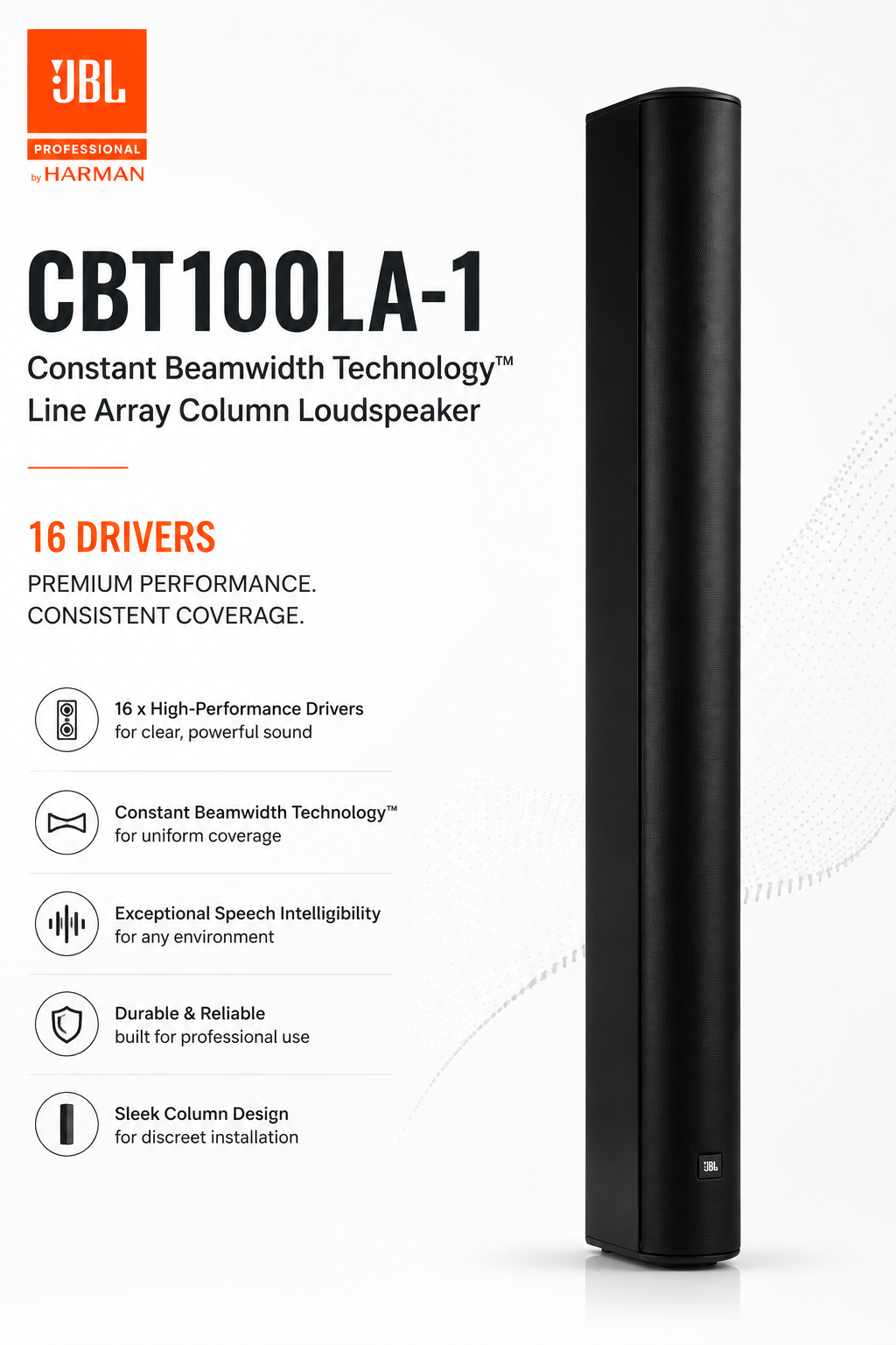 JBL CBT100LA-1 – Constant Beamwidth Technology™ Line Array Column Loudspeaker with 16 Drivers