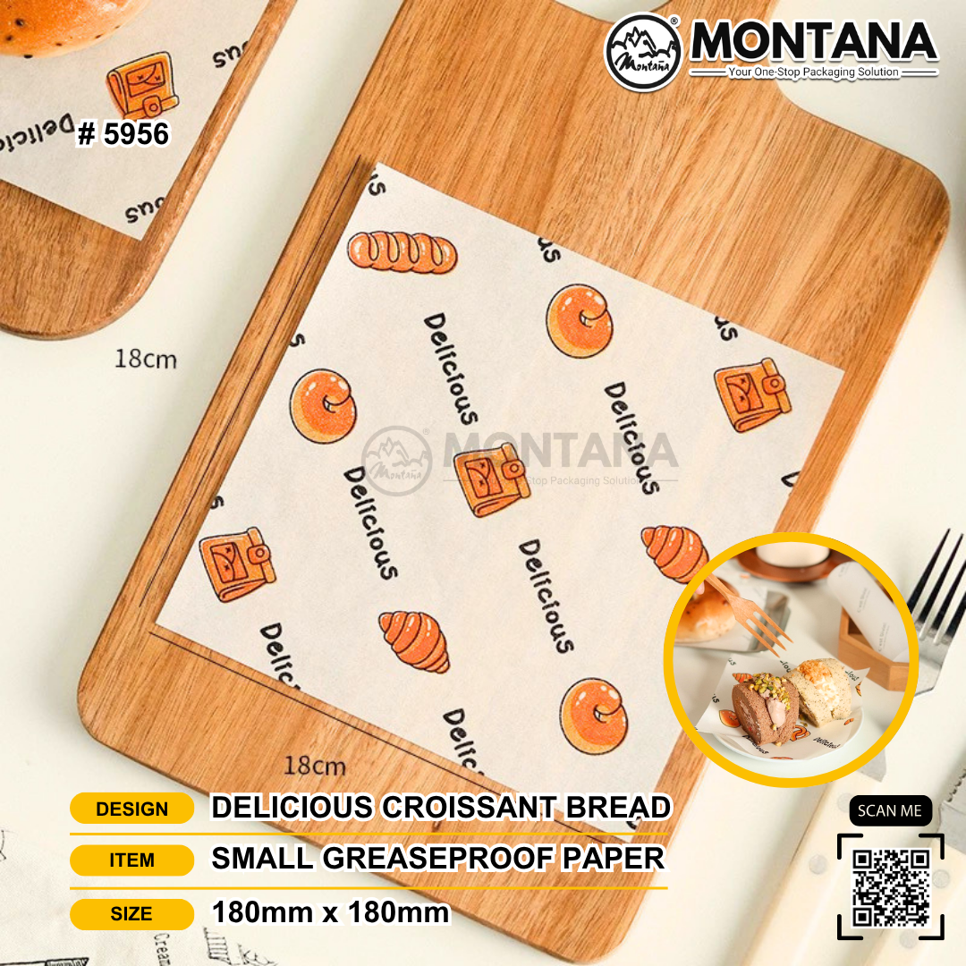 (5956) S-GREASEPROOF PAPER 18 X 18CM DELICIOUS CROISSANT BREAD