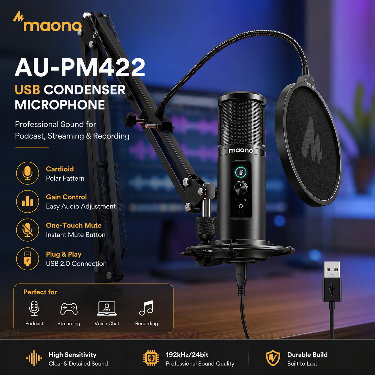 Maono AU-PM422 – USB心型电容麦克风，带音量控制与静音按钮，适用于播客、直播与人声录音