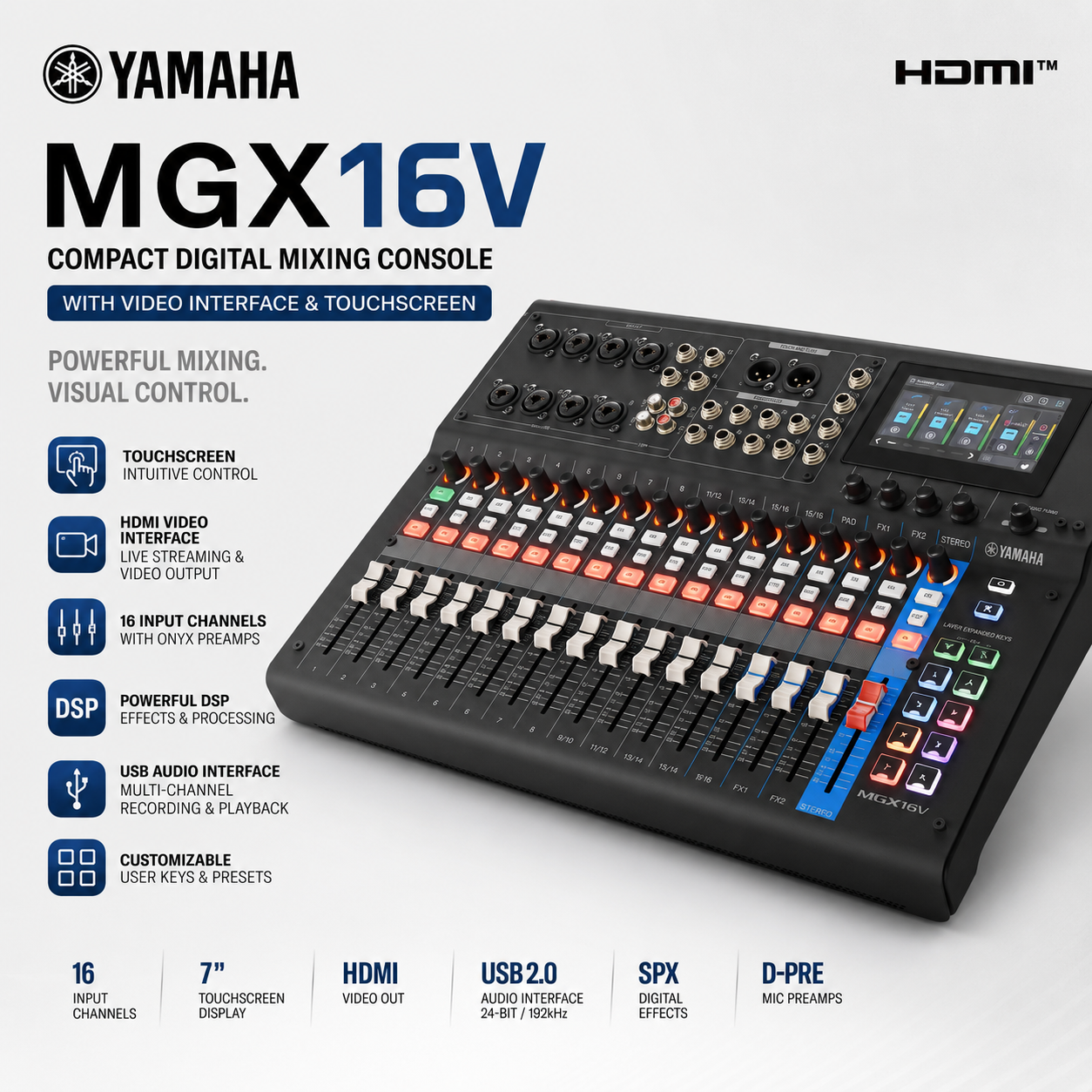 Yamaha MGX16V Compact Digital Mixing Console with Video Interface & Touchscreen