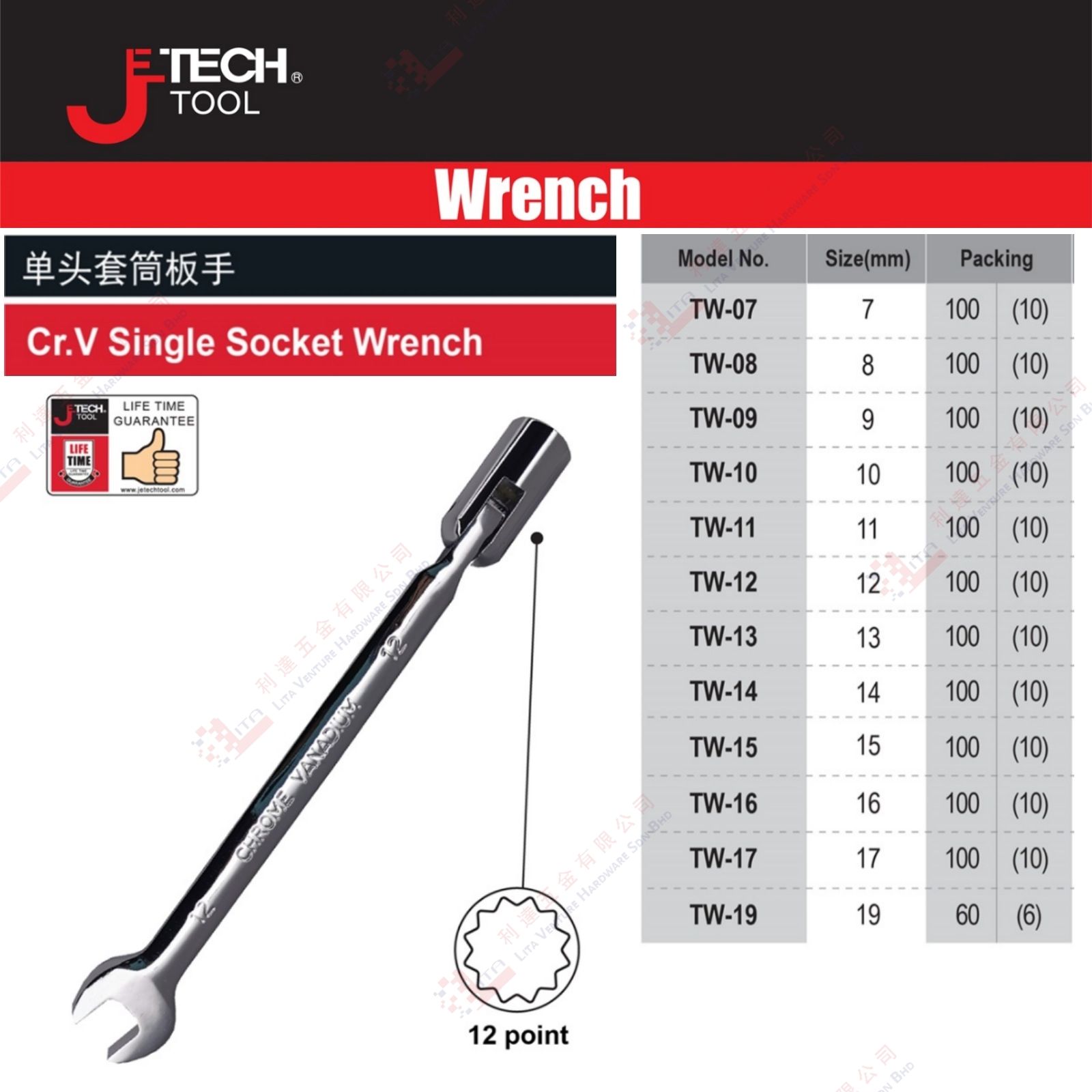 JE TECH BRAND SINGLE SOCKET WRENCH - TW07 TW08 TW09 TW10 TW11 TW12 TW13 TW14 TW15 TW16 TW17 TW19