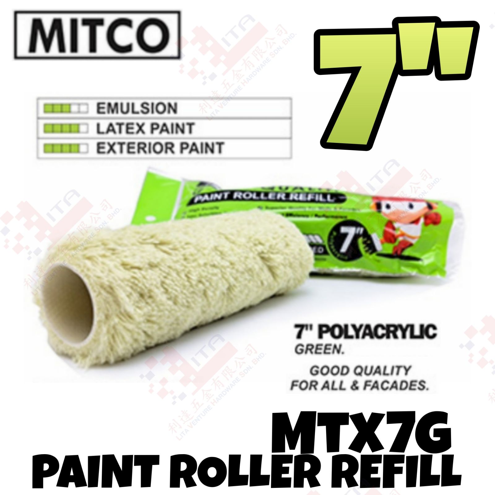MITCO BRAND 7'' POLYACRYLIC PAINT ROLLER REFILLL - MYX7G