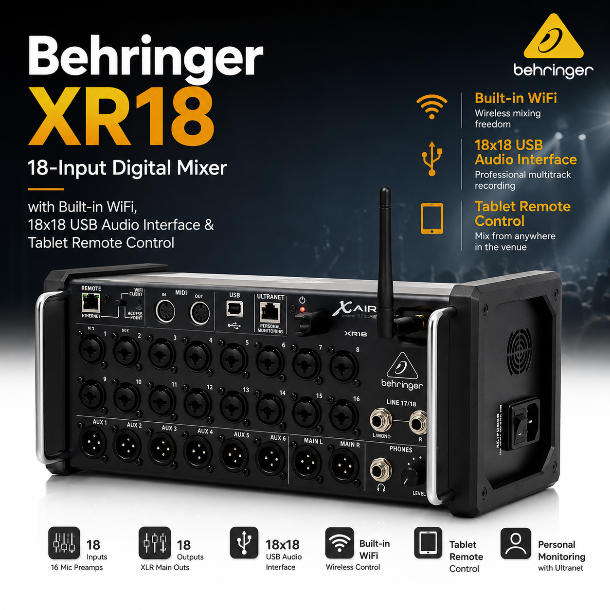 Behringer XR18 – Pencampur Digital 18-Input dengan WiFi Terbina, Antaramuka USB 18x18 & Kawalan Jarak Jauh Tablet