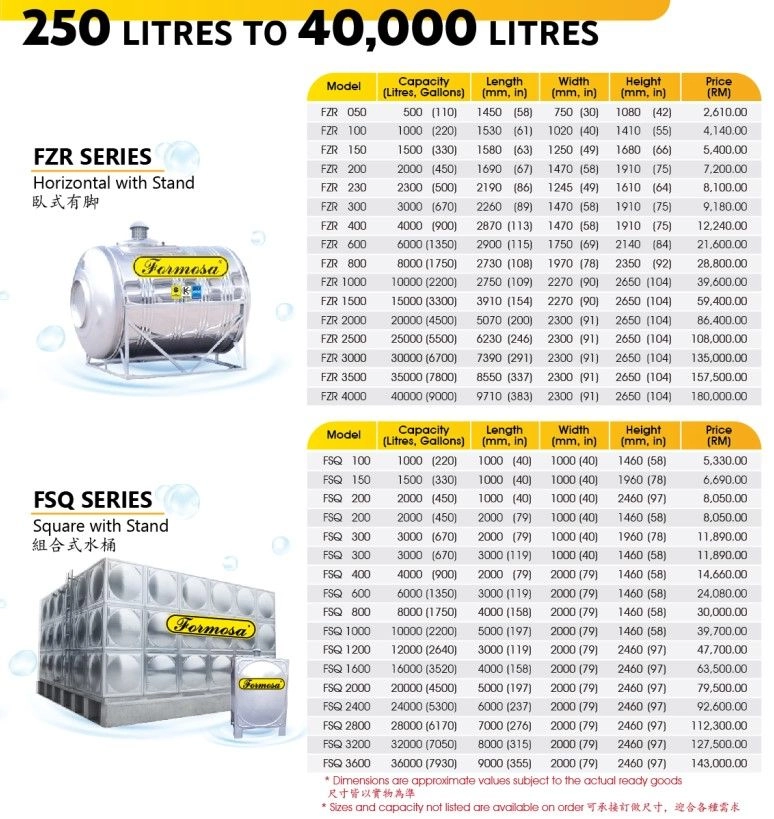 Formosa Stainless Steel (SUS-316) ZR Series Water Tank Horizontal With Stand (FREE Brass Float Valve)